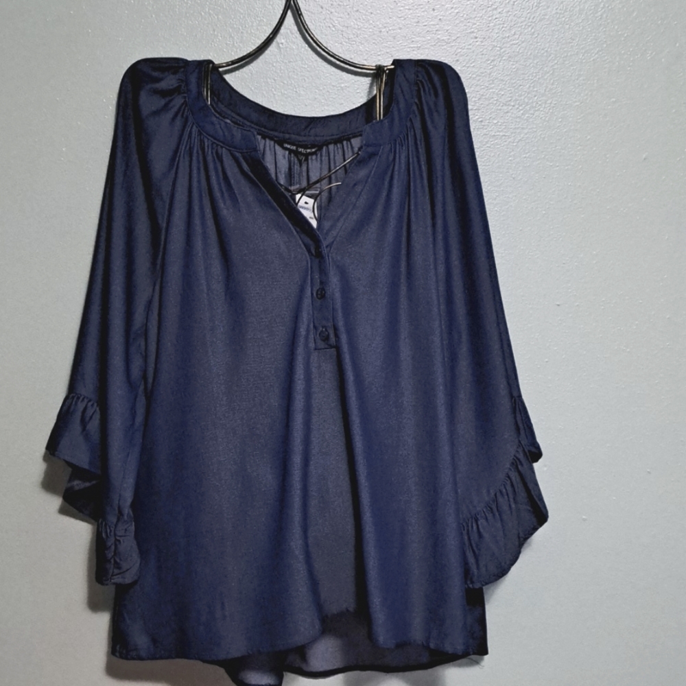 Macy's Unique Spectrum Blouse Dark Denim Look Size Large